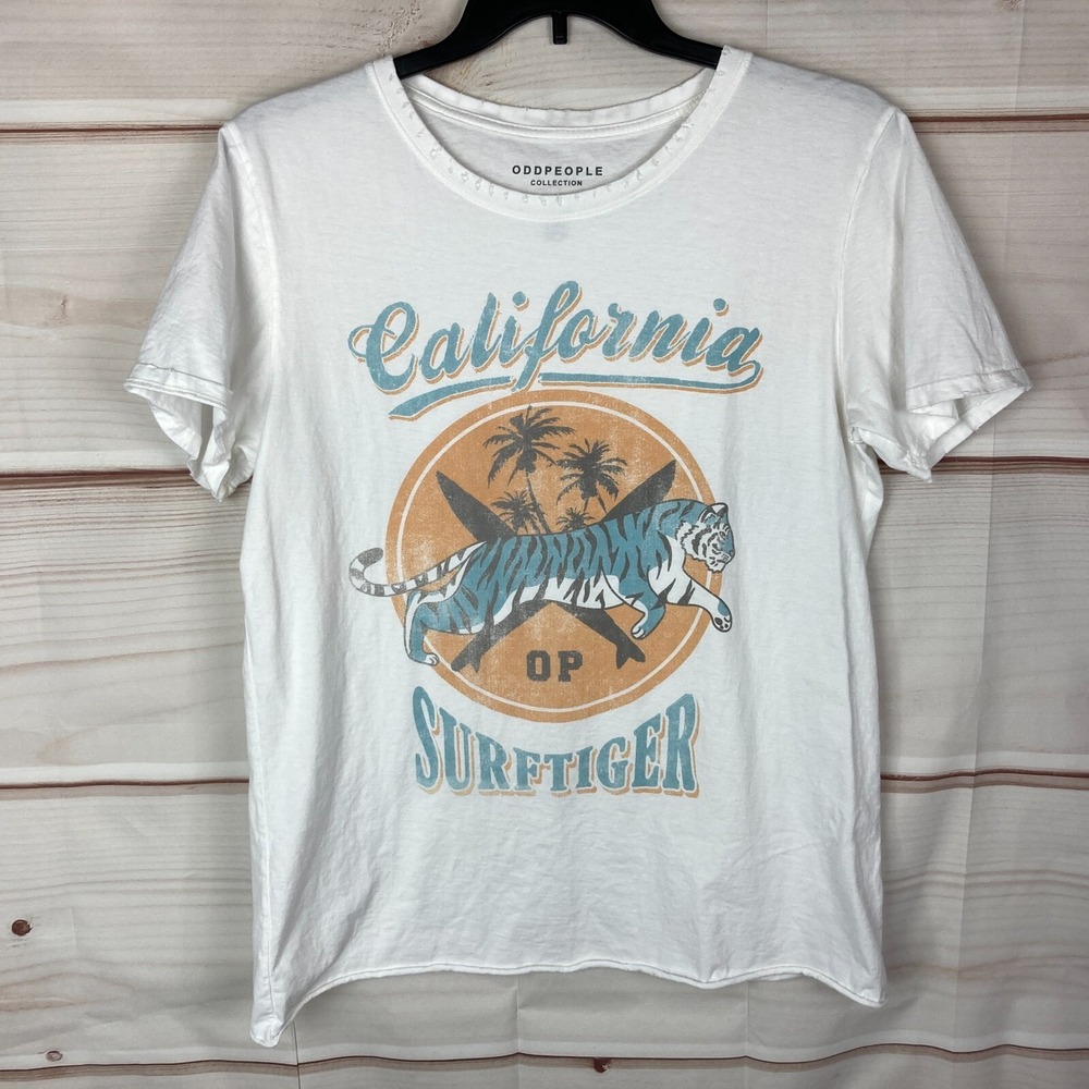 Odd People Top Womens L White California Surf Tiger T-Shirt Graphic Short Sleeve